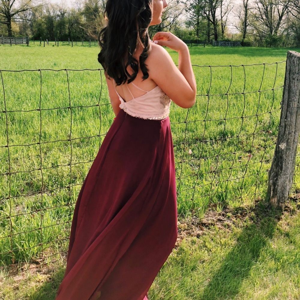 Burgundy Jeweled Long Prom Dress
